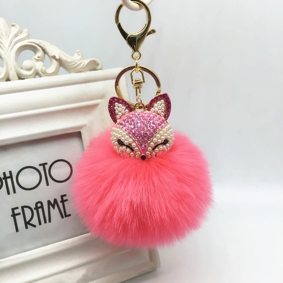Accessories - Crystal & Pearl Fox Hot Pink Pom Pom Keychain